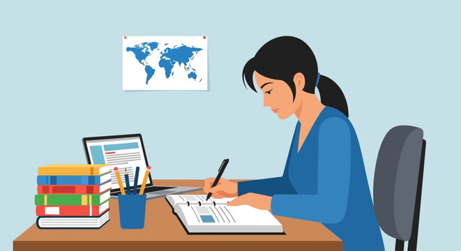 Woman sitting at desk working.