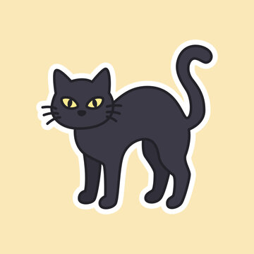 Spooky Black Cat Standing Halloween Cartoon Sticker Vector