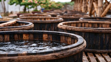 Naklejka premium Rows of large traditional wooden barrels filled with liquid arranged outdoors on a wooden platform under natural light