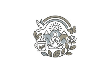 Obraz premium A circular line art illustration featuring a person meditating surrounded by nature elements.