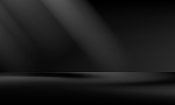 Limbo black background. Abstract dark gradient backdrop. Color wall of studio, room, stand for product display or photo. Modern banner with empty place for advertising text. Vector illustration.