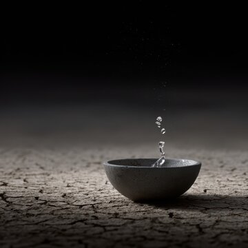 single drop of water falling into cracked cup on barren land water scarcity concept
