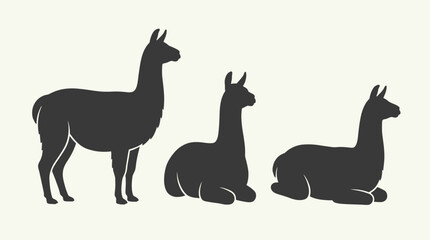 Fototapeta premium Three black llama or alpaca silhouettes in various poses, including standing and sitting, against a plain light background.