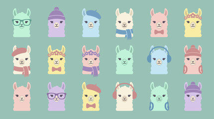 Fototapeta premium Collection of cute pastel cartoon llama characters wearing diverse fashion accessories.