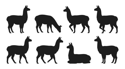Eight black llama or alpaca silhouettes in different poses on a white background, depicting various actions like standing, walking, grazing, and resting. © Abhinaya Project