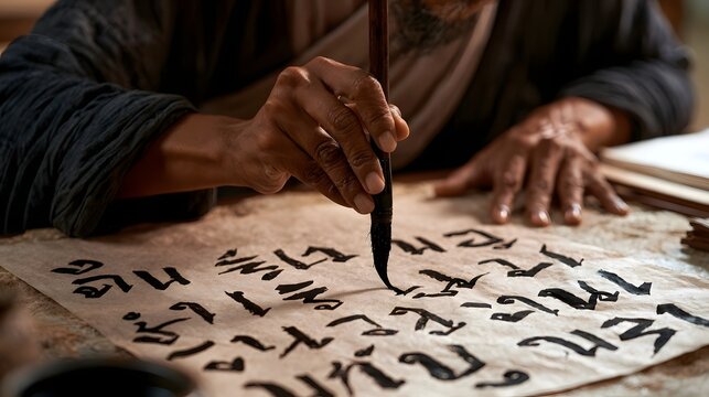 A person carefully writes intricate black calligraphy on aged parchment using a traditional brush