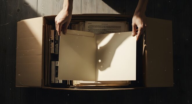 Hands holding blank notebook inside cardboard box