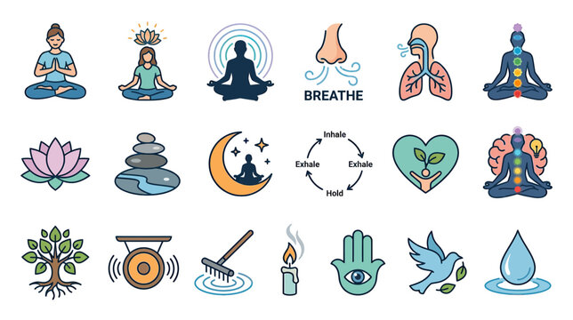 Yoga, Meditation, Breathing, Wellness Icons: Zen, Harmony, Health