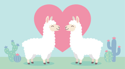 Fototapeta premium Two white llamas in love with heart.
