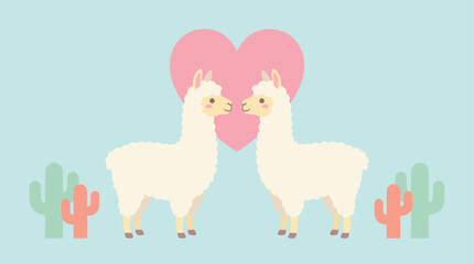 Fototapeta premium Cute cartoon llamas with heart and cacti.