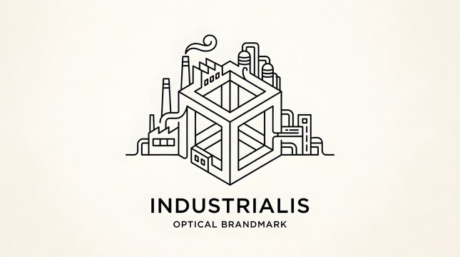 Industrial cityscape logo design with geometric lines and factory elements