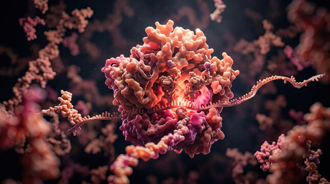Ribosome assembly protein molecular biology RNA translation genetic code cell cytoplasm, detailed 3D illustration showing macromolecule complex binding messenger RNA during protein synthesis