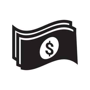 Dollar sign icon on waving banner for finance success. Minimalist black and white money symbol vector graphic for business branding.