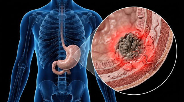 Stomach cancer gastric tumor digestive system human anatomy medical illustration stomach internal organ healthcare concept pathology inflammation shown in transparent torso with red lesion detail