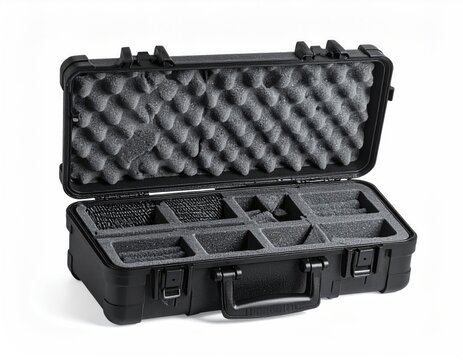 Rugged, black, open case with compartmentalized foam interior for protection