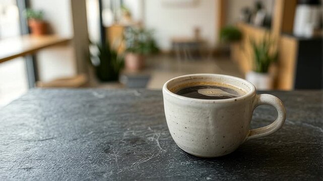 Fresh Steaming Coffee Cup on Dark Stone Surface in Bright Modern Cafe Interior