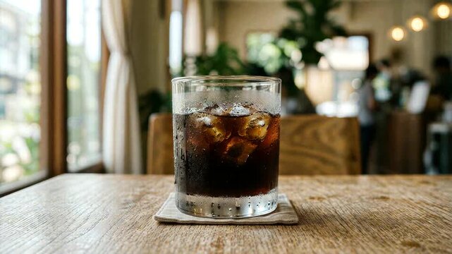 Refreshing Iced Cold Brew Coffee in Glass on Cafe Table for Lifestyle Branding