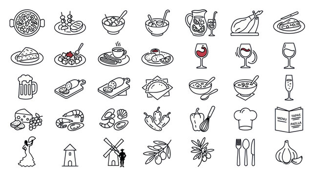 Mediterranean tapas and wine tasting line icon set