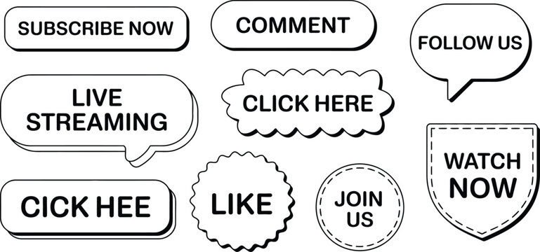 Set of black and white social media call to action buttons with text labels, including speech bubbles, badges, and rounded rectangles with drop shadows on a white background
