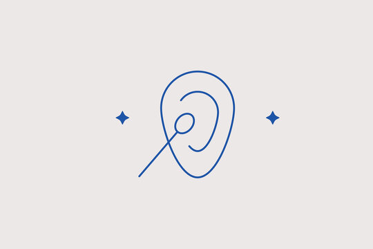 Cotton swab and ear line icon for personal hygiene. Vector illustration for medical body care instructions, bathroom cosmetic accessories retail.