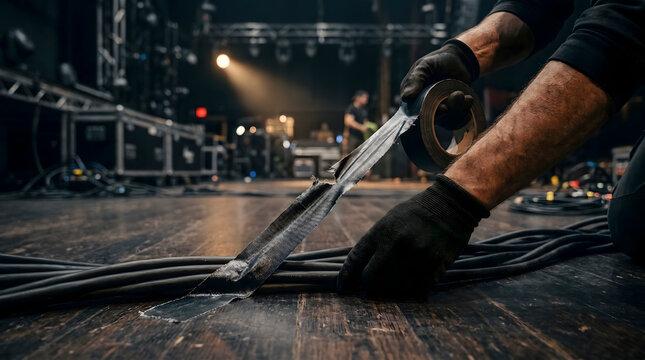 Technician Securing Audio Cables with Gaffer Tape on Stage.