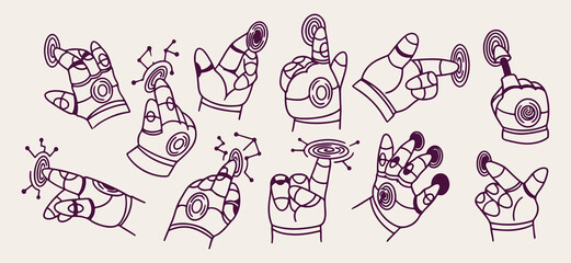 Cyberpunk robotic hand line art, futuristic technology doodle pattern, sci fi bionic arm sketch, mechanical cyborg parts vector wallpaper, artificial intelligence concept illustration, hi tech virtual © Geetaroy