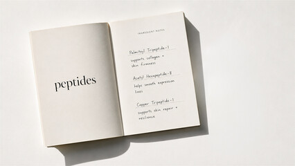 Fototapeta premium open notebook with information about peptides and cosmetic ingredients for skincare. Educational guide about anti-aging components for facial health and dermatological beauty treatment