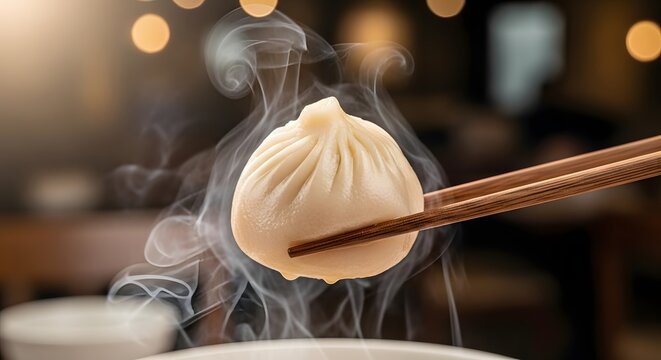 Hot soup dumpling with steam held by chopsticks