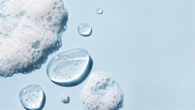transparent cosmetic gel drop with soap bubble foam on blue background. Skincare product texture sample for beauty industry. Moisturizing serum closeup for dermatology and health concept