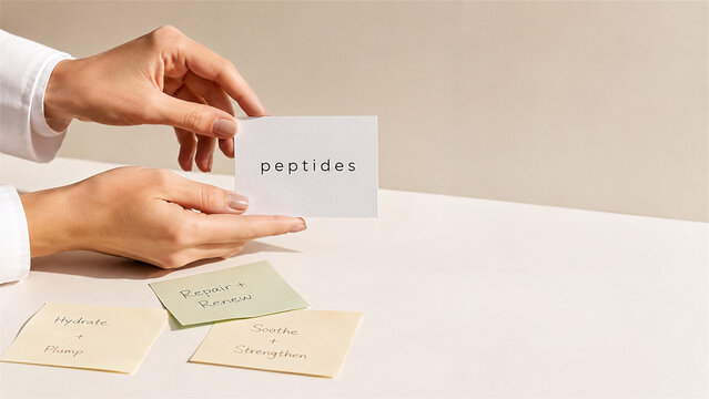 woman holding card with text about peptides and skin care benefits. Professional dermatologist explains active ingredients. Concept of beauty routine, skin health, and rejuvenation
