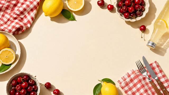 fresh lemon and cherry fruit arrangement on beige background. Summer picnic setting with checkered napkin and cutlery. Healthy food background with copy space for design or text