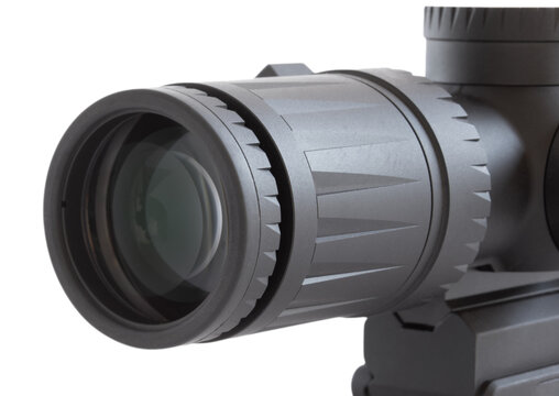 Studio shot up close of the diopter and eyepiece on a magnified rifle scope