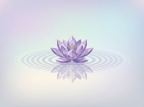 Low Poly Lotus Flower Floating on Calm Water Surface with Concentric Ripples and Soft Pastel Reflection for Meditation and Wellness Background