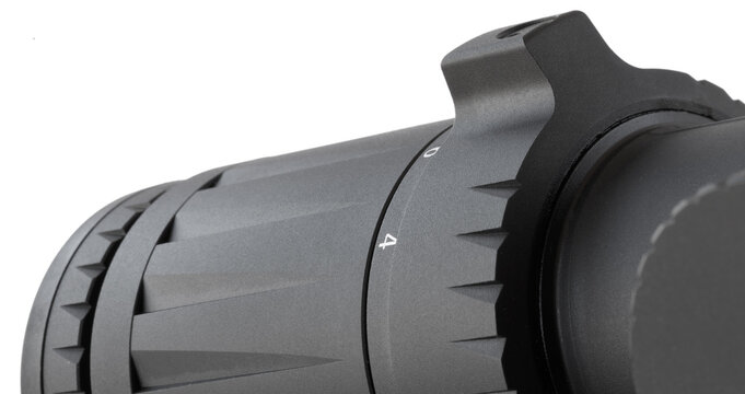 Elevated portion on a riflescope magnification dial in a studio shot