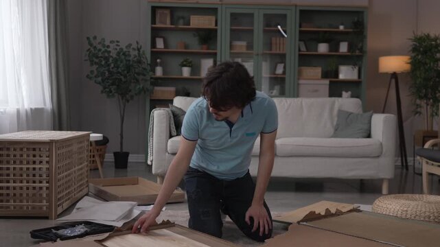 Frustrated man unpacking and assembling new flat pack furniture at home