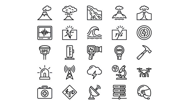 Natural disaster and emergency response line icons.