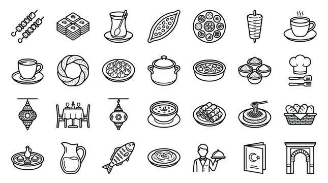 Middle Eastern and Arabic food line icon collection.