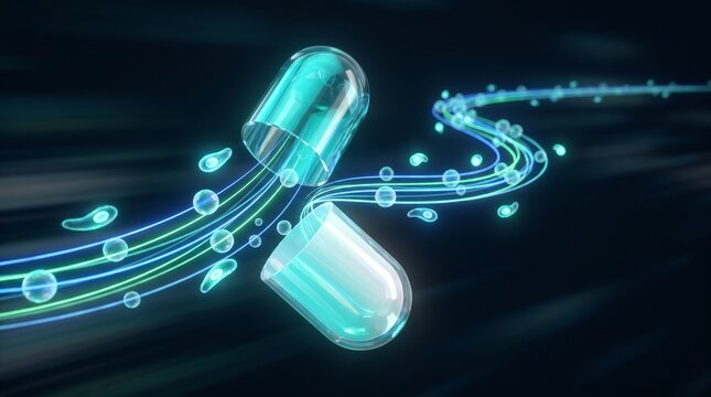 Transparent capsule and glowing particles on dark background  