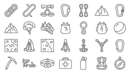 Fototapeta premium Mountain climbing and outdoor adventure equipment icon set.