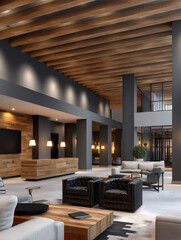 Obraz premium Modern hotel lobby with wooden ceiling, black columns, leather armchairs, pendant lights, and contemporary decor, creating welcoming atmosphere