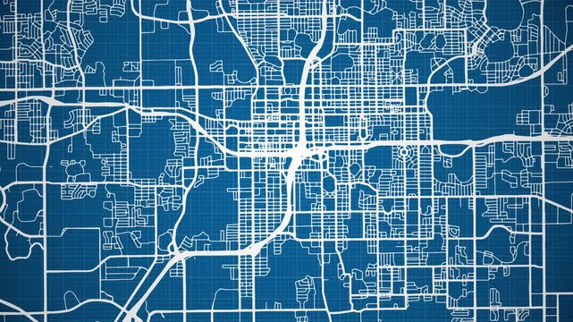 Ink reveal animation of Orlando city, Florida (FL), United States of America, grid map. Aerial top view. Blueprint style. White lines with blue background. 4K Seamless loop.