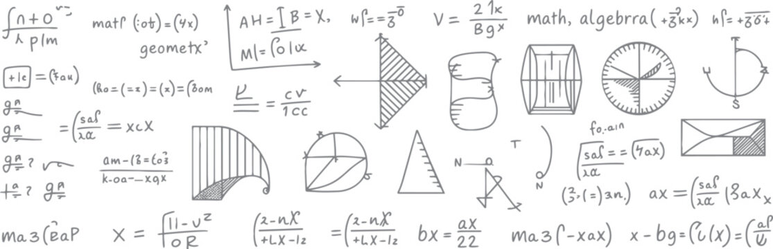 Hand drawn mathematical equations geometric shapes and diagrams on white background mathematics algebra