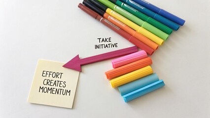 Fototapeta premium Colorful Markers and Sticky Note with Motivational Message on Work Table for Creative and Organizational Inspiration