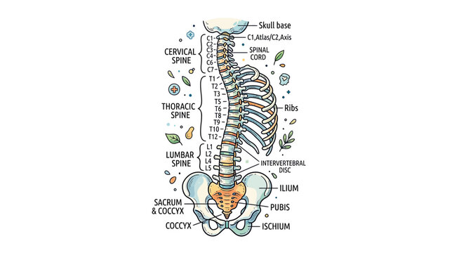Human Spine Anatomy Illustration: Vertebrae, Ribs, Pelvis - Medical Education