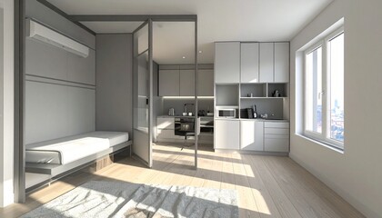 Fototapeta premium Modern minimalist studio apartment interior with integrated bed, compact kitchen, and bright natural light.