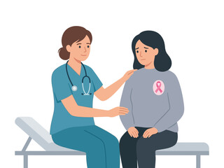 Fototapeta premium vector illustration of a healthcare professional comforting a female patient with a pink ribbon symbol