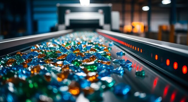Colored glass fragments on industrial conveyor belt