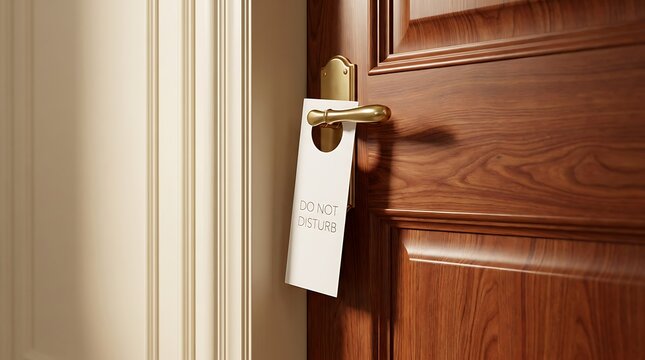 White do not disturb sign hangs on elegant wooden hotel room door with brass handle, ensuring privacy and quiet for guests seeking relaxation.