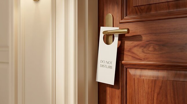 White do not disturb sign hangs on elegant wooden hotel room door with brass handle, ensuring privacy and quiet for guests seeking relaxation.