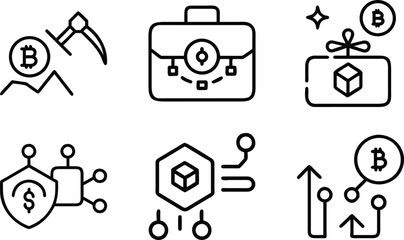 Fototapeta premium Set of bitcoin and blockchain line icons showcasing crypto mining briefcase gift box and digital transaction networks for financial technology services.